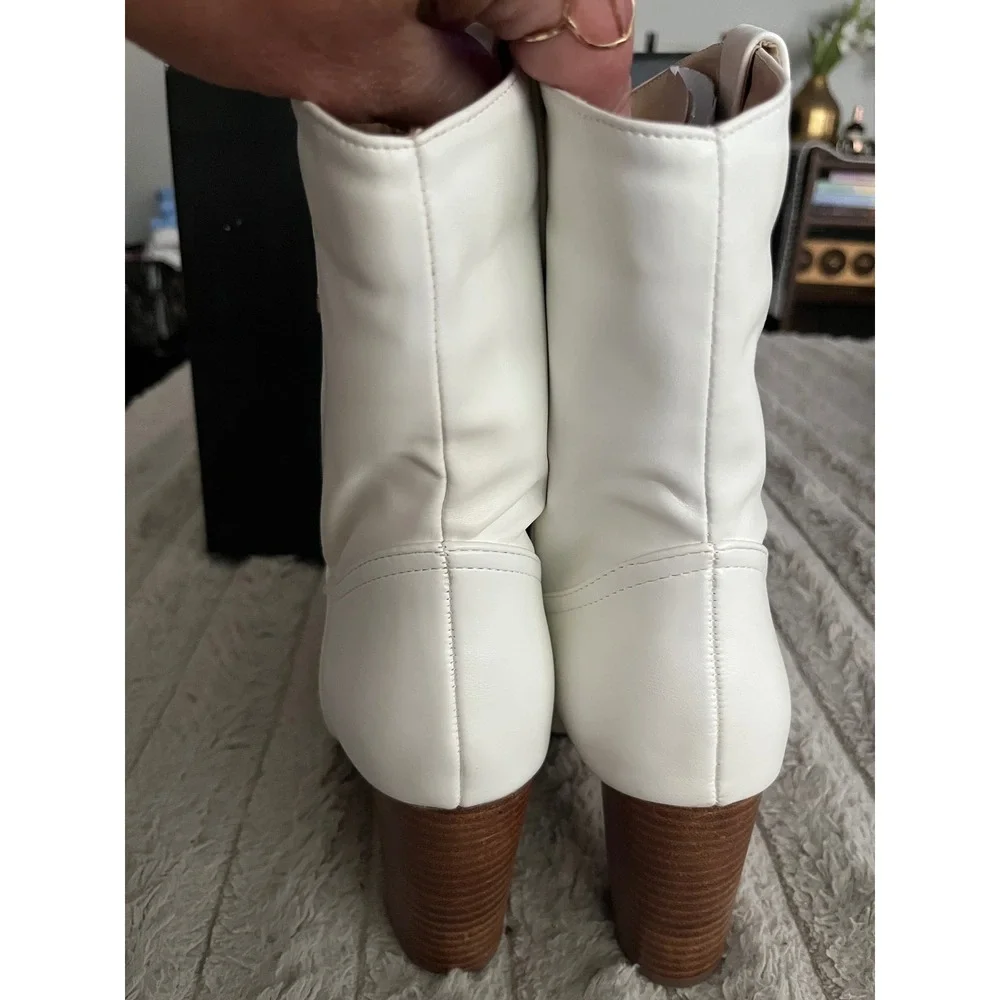 Lulus Taryne White Vegan Leather Western Mid-Calf Block Heel Boots Size 11